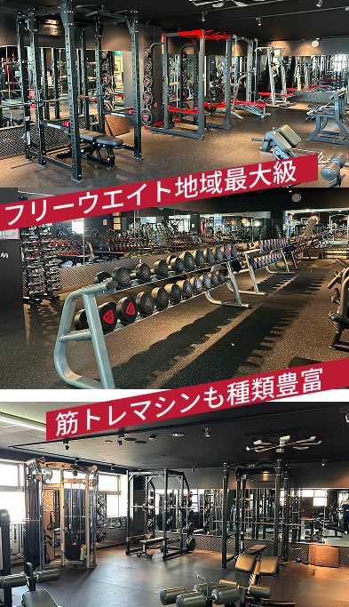 フリーウエイト地域最大級 筋トレマシンも種類豊富
